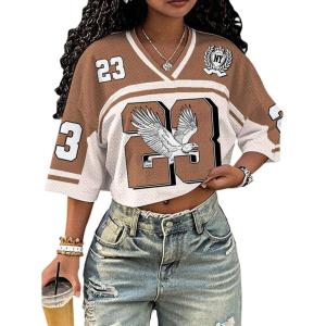 image:imageMakeMeChic Womens Football Jersey Shirts Y2K Number Crop Tops Soccer Jersey Tee StreetwearCrop Brown