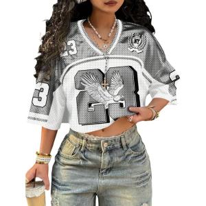 image:imageMakeMeChic Womens Football Jersey Shirts Y2K Number Crop Tops Soccer Jersey Tee StreetwearCrop Grey White