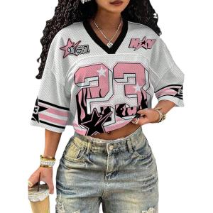 image:imageMakeMeChic Womens Football Jersey Shirts Y2K Number Crop Tops Soccer Jersey Tee StreetwearCrop Pink White