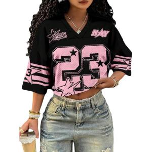 image:imageMakeMeChic Womens Football Jersey Shirts Y2K Number Crop Tops Soccer Jersey Tee StreetwearPink Crop Black