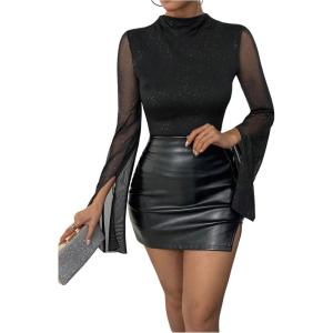 image:imageMakeMeChic Womens Glitter Sparkly Mesh Party Tops Long Bell Sleeve Mock Neck T ShirtBlack