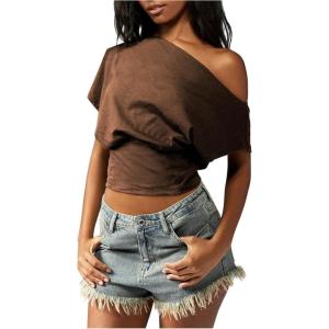 image:imageMakeMeChic Womens Off The Shoulder Tops Y2k T Shirt Short Sleeve Going Out Crop Tops BlouseChocolate Brown