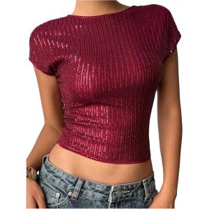 image:imageMakeMeChic Womens Sequin Open Back Cap Sleeve Crop Tops Crew Neck Party Y2K Tee ShirtBurgundy