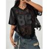 image:imageMakeMeChic Lace Jersey Shirts for Women V Neck Letter Graphic Tee Oversized Sheer TopsBlack B