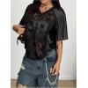 image:imageMakeMeChic Lace Jersey Shirts for Women V Neck Letter Graphic Tee Oversized Sheer TopsBlack B