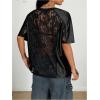 image:imageMakeMeChic Lace Jersey Shirts for Women V Neck Letter Graphic Tee Oversized Sheer TopsBlack B