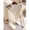 image:imageMakeMeChic Womens Asymmetrical Neck T Shirt Cut Out Long Sleeve Knit Tee TopsApricot