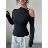 image:imageMakeMeChic Womens Asymmetrical Tops Cut Out Long Sleeve Elegant Tee Shirt Fitted Tops Fall ClothesBlack