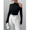image:imageMakeMeChic Womens Asymmetrical Tops Cut Out Long Sleeve Elegant Tee Shirt Fitted Tops Fall ClothesBlack