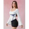 image:imageMakeMeChic Womens Boho 70s Mesh Tops Polka Dots Bell Sleeve Square Neck Peplum Blouse TopBlue