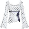 image:imageMakeMeChic Womens Boho 70s Mesh Tops Polka Dots Bell Sleeve Square Neck Peplum Blouse TopBlue