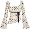 image:imageMakeMeChic Womens Boho 70s Mesh Tops Polka Dots Bell Sleeve Square Neck Peplum Blouse TopMulticolor
