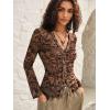 image:imageMakeMeChic Womens Boho Paisley Print V Neck Sheer Blouse Ruched Button Down Long Sleeve Mesh Western TopsBrown