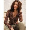 image:imageMakeMeChic Womens Boho Paisley Print V Neck Sheer Blouse Ruched Button Down Long Sleeve Mesh Western TopsBrown