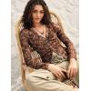 image:imageMakeMeChic Womens Boho Paisley Print V Neck Sheer Blouse Ruched Button Down Long Sleeve Mesh Western TopsBrown