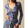 image:imageMakeMeChic Womens Boho Paisley Print V Neck Sheer Blouse Ruched Button Down Long Sleeve Mesh Western TopsMulticolor