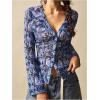 image:imageMakeMeChic Womens Boho Paisley Print V Neck Sheer Blouse Ruched Button Down Long Sleeve Mesh Western TopsMulticolor