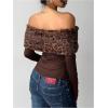 image:imageMakeMeChic Womens Cheetah Print Faux Fur T Shirt Off The Shoulder Ruched Y2k Club Crop TopsBrown