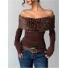 image:imageMakeMeChic Womens Cheetah Print Faux Fur T Shirt Off The Shoulder Ruched Y2k Club Crop TopsBrown