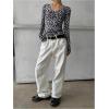image:imageMakeMeChic Womens Cheetah Print Scoop Neck T Shirt Long Sleeve Rib Knit Y2k Going Out TopsBlack and White