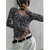 image:imageMakeMeChic Womens Cheetah Print Scoop Neck T Shirt Long Sleeve Rib Knit Y2k Going Out TopsBlack and White