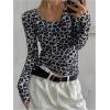 image:imageMakeMeChic Womens Cheetah Print Scoop Neck T Shirt Long Sleeve Rib Knit Y2k Going Out TopsBlack and White