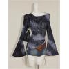 image:imageMakeMeChic Womens Cowl Neck Tops Tie Dye Shirt Bell Sleeve Hanky Hem Draped Going Out Crop TopsBlue