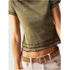 image:imageMakeMeChic Womens Crop Tee Shirt Ruffle Trim Short Sleeve Crew Neck Slim Fitted Casual Knit TopGreen