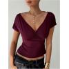 image:imageMakeMeChic Womens Deep V Neck Floral Lace T Shirt Wrap Twist Back Short Sleeve Tee Crop TopsBurgundy