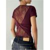 image:imageMakeMeChic Womens Deep V Neck Floral Lace T Shirt Wrap Twist Back Short Sleeve Tee Crop TopsBurgundy