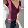 image:imageMakeMeChic Womens Deep V Neck Floral Lace T Shirt Wrap Twist Back Short Sleeve Tee Crop TopsBurgundy
