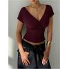 image:imageMakeMeChic Womens Deep V Neck Floral Lace T Shirt Wrap Twist Back Short Sleeve Tee Crop TopsBurgundy