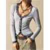 image:imageMakeMeChic Womens Floral Button Down Shirts Lace V Neck Long Sleeve Boho Cute TopsGrey
