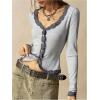 image:imageMakeMeChic Womens Floral Button Down Shirts Lace V Neck Long Sleeve Boho Cute TopsGrey