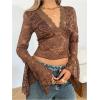 image:imageMakeMeChic Womens Floral Lace Bell Sleeve T Shirt Deep V Neck Scallop Mesh Crop TopsBrown