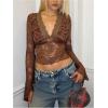 image:imageMakeMeChic Womens Floral Lace Bell Sleeve T Shirt Deep V Neck Scallop Mesh Crop TopsBrown