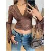 image:imageMakeMeChic Womens Floral Lace Bell Sleeve T Shirt Deep V Neck Scallop Mesh Crop TopsBrown