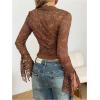 image:imageMakeMeChic Womens Floral Lace Bell Sleeve T Shirt Deep V Neck Scallop Mesh Crop TopsBrown