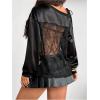 image:imageMakeMeChic Womens Floral Lace Number Jersey Shirt Long Sleeve Sheer Off The Shoulder Y2K Tee TopsBlack