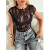 image:imageMakeMeChic Womens Floral Lace Tee Shirts Mesh Sheer Cap Sleeve Y2K Crop Concert Tops New Years Eve OutfitBlack