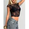 image:imageMakeMeChic Womens Floral Lace Tee Shirts Mesh Sheer Cap Sleeve Y2K Crop Concert Tops New Years Eve OutfitBlack