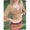 image:imageMakeMeChic Womens Floral Notch V Neck Crop Tops 34 Sleeve Ruffle Trim Western Cowboy T ShirtKhaki