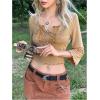 image:imageMakeMeChic Womens Floral Notch V Neck Crop Tops 34 Sleeve Ruffle Trim Western Cowboy T ShirtKhaki