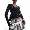 image:imageMakeMeChic Womens Grommet Eyelet Crew Neck Tee Shirt Long Sleeve Fitted Y2K Punk Crop TopsBlack
