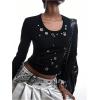 image:imageMakeMeChic Womens Grommet Eyelet Crew Neck Tee Shirt Long Sleeve Fitted Y2K Punk Crop TopsBlack