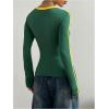 image:imageMakeMeChic Womens Jersey Shirts Color Blocking Crop Tops V Neck Long Sleeve Fitted Fall T ShirtGreen