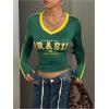 image:imageMakeMeChic Womens Jersey Shirts Color Blocking Crop Tops V Neck Long Sleeve Fitted Fall T ShirtGreen