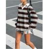 image:imageMakeMeChic Womens Jersey Striped Tee Shirt Spring Collar V Neck Long Sleeve Retro Y2K TopsBrown and Grey