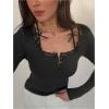 image:imageMakeMeChic Womens Lace Top Square Neck T Shirt Bow Button Front Long Sleeve Slim Fit TopsBlack
