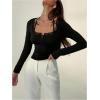 image:imageMakeMeChic Womens Lace Top Square Neck T Shirt Bow Button Front Long Sleeve Slim Fit TopsBlack